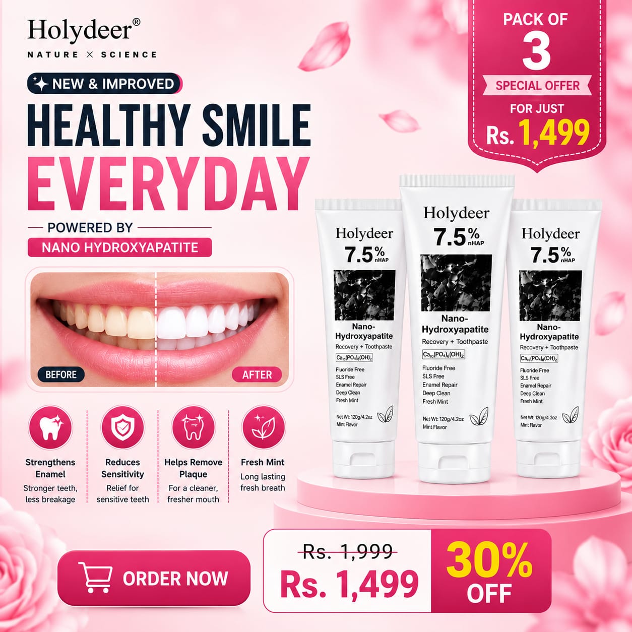 Holydeer Nano Hydroxyapatite Toothpaste Pack of 3
