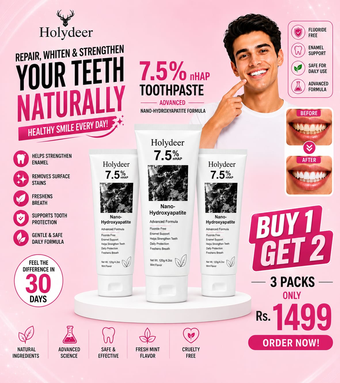 Holydeer Nano Hydroxyapatite Toothpaste Pack of 3
